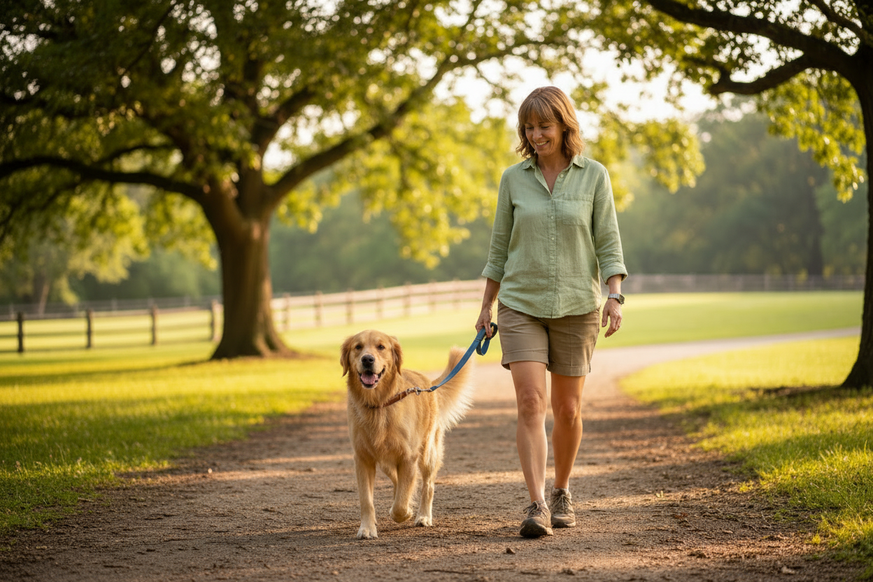 chien en laisse en promenade avec son maitre