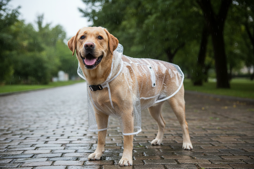 génére moi un Labrador Retriever sous manteau transparent imperméable