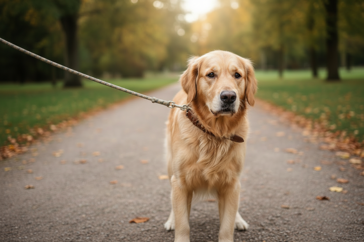 Les colliers tirent sur le cou et rendent les promenades inconfortables. (image avec le chien et son collier qui tire sur son cou)