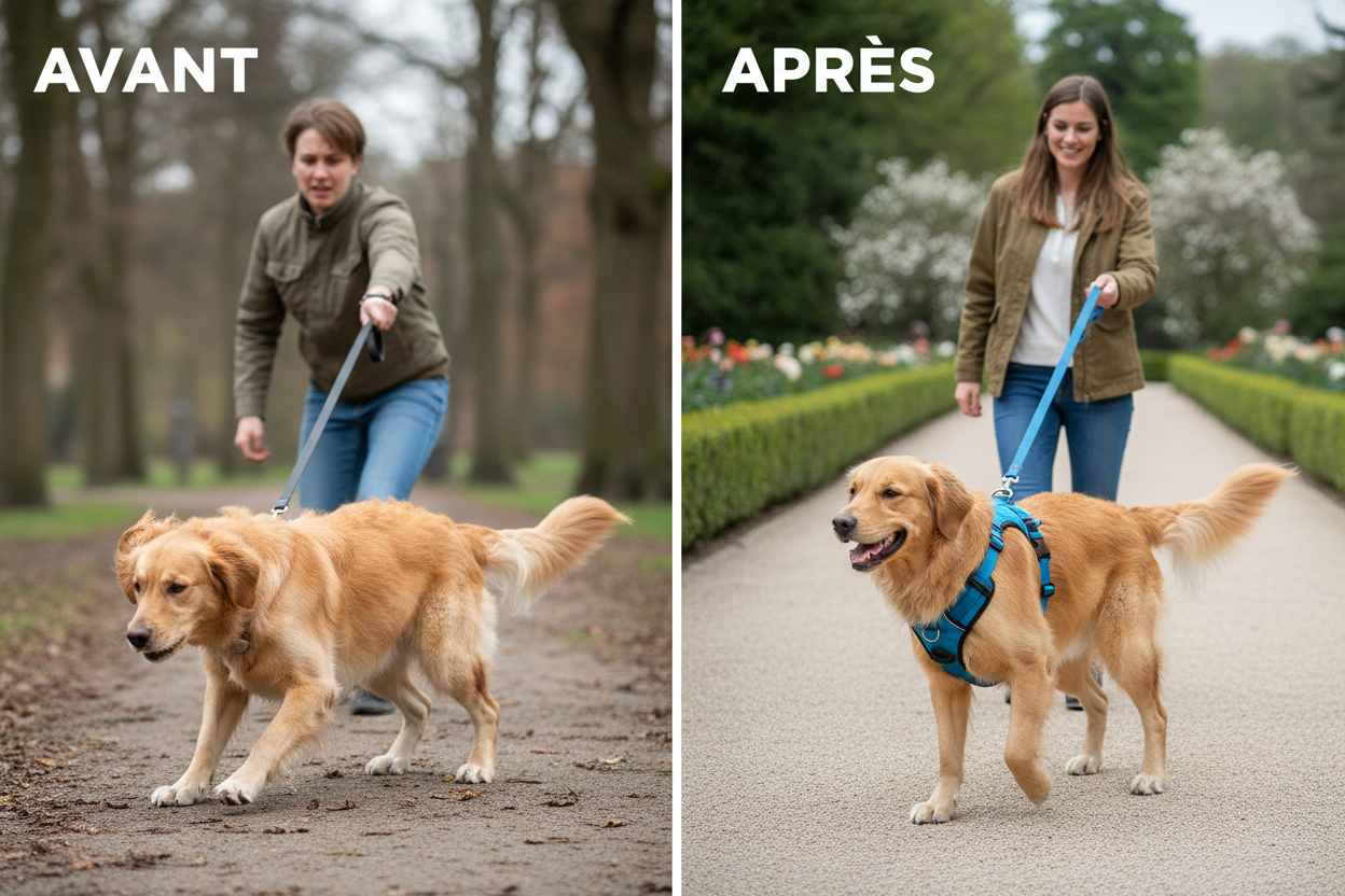Notre harnais anti-traction offre contrôle, confort et sécurité à chaque promenade (image avant apres du chien avec et sans harnais, le harnais doit etre bien visible et mis en évidence)