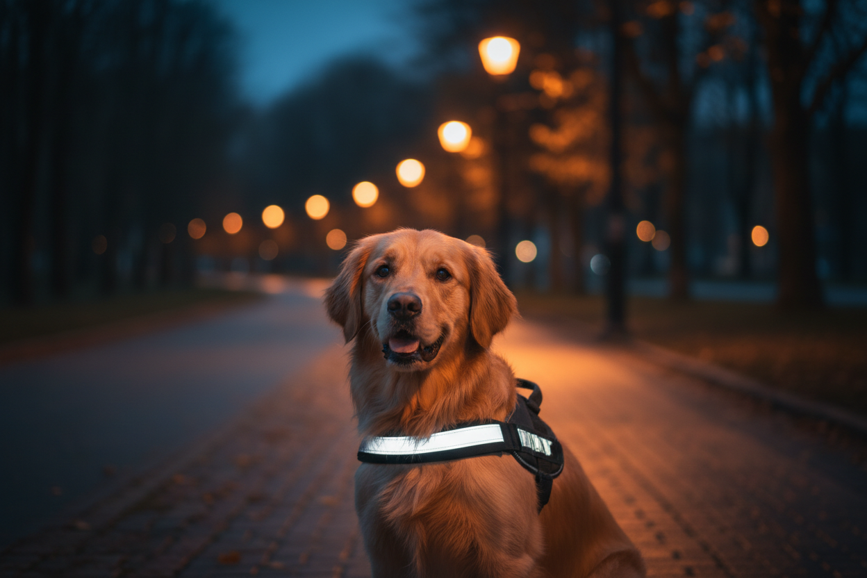 Visible de nuit, confortable de jour, sécurisé à chaque sortie. Promenade en fin de journée / nuit

Lumière basse (lampadaire, crépuscule)

Harnais réfléchissant ou bien visible

Chien calme,